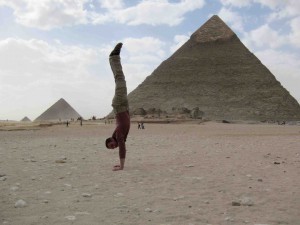 Jim Domenick doing a handstand in Giza, Egypt 2010